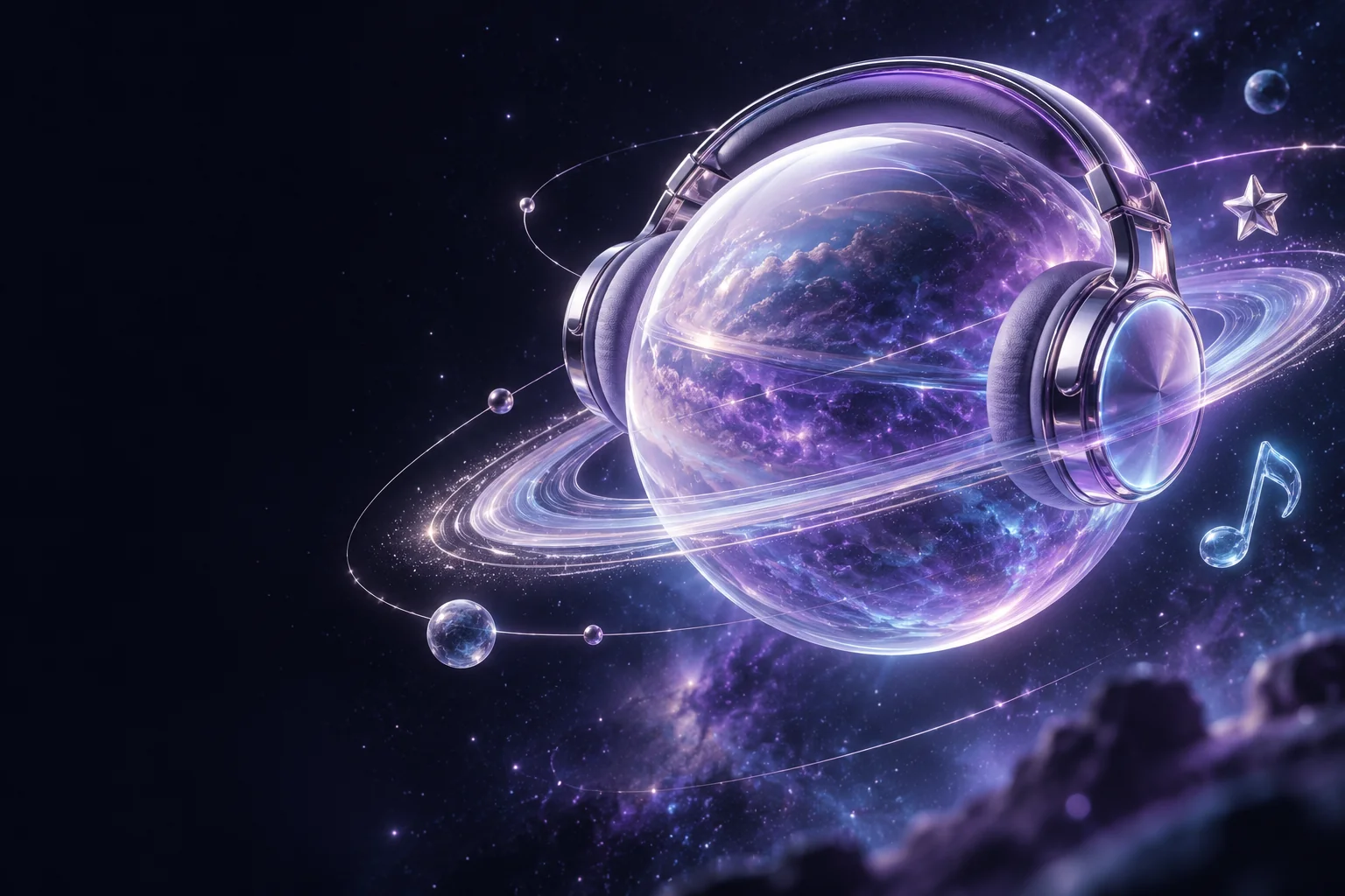 耳机星球与环绕的紫色声波轨道